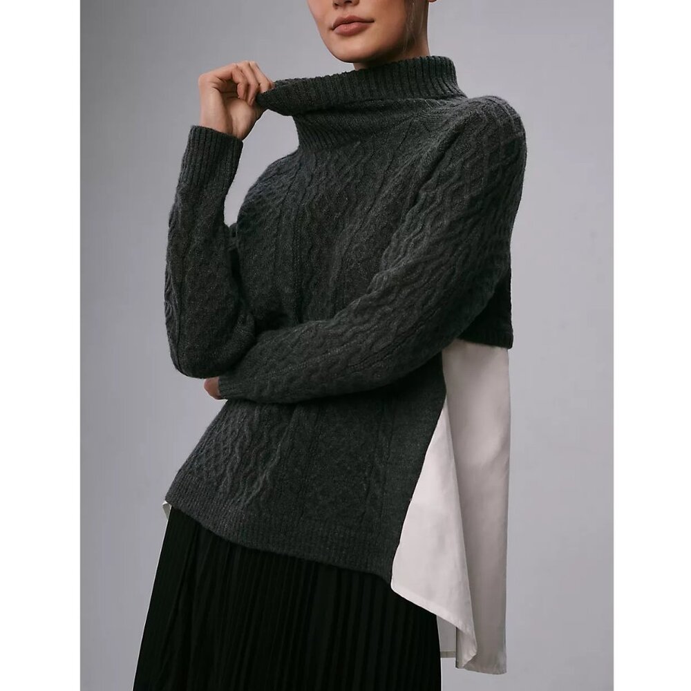 By Anthropologie Mixed Media Turtleneck Cable Sweater Dark Grey XS